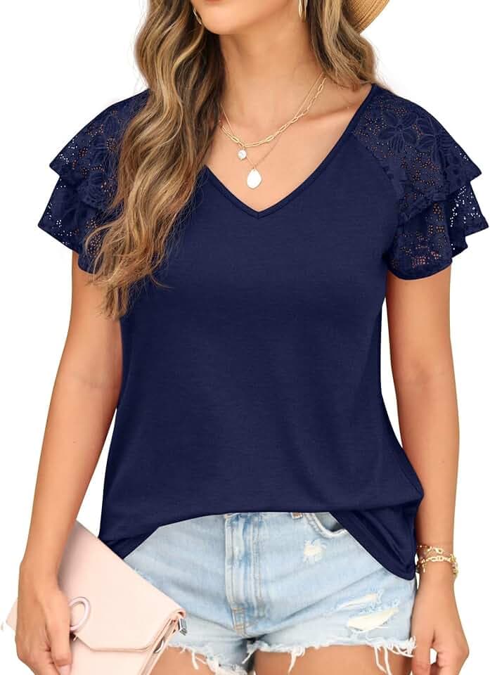 QIXING Damen Sommer Bluse und Tunika Kurzarm - Mode T-Shirt mit Doppellagigem Rüschenärmel Spitze V-Ausschnitt Sommer Tops