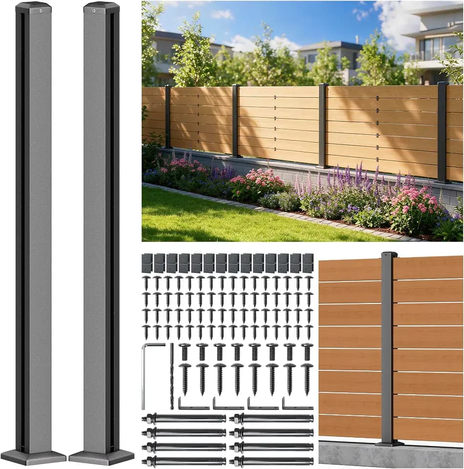 4FT 201 Stainless Steel Heavy Duty Fence Post for Wood Slats(Serial Post), Outdoor Ground Install Wooden Privacy Fence Panels Posts Matte Black 2Pack