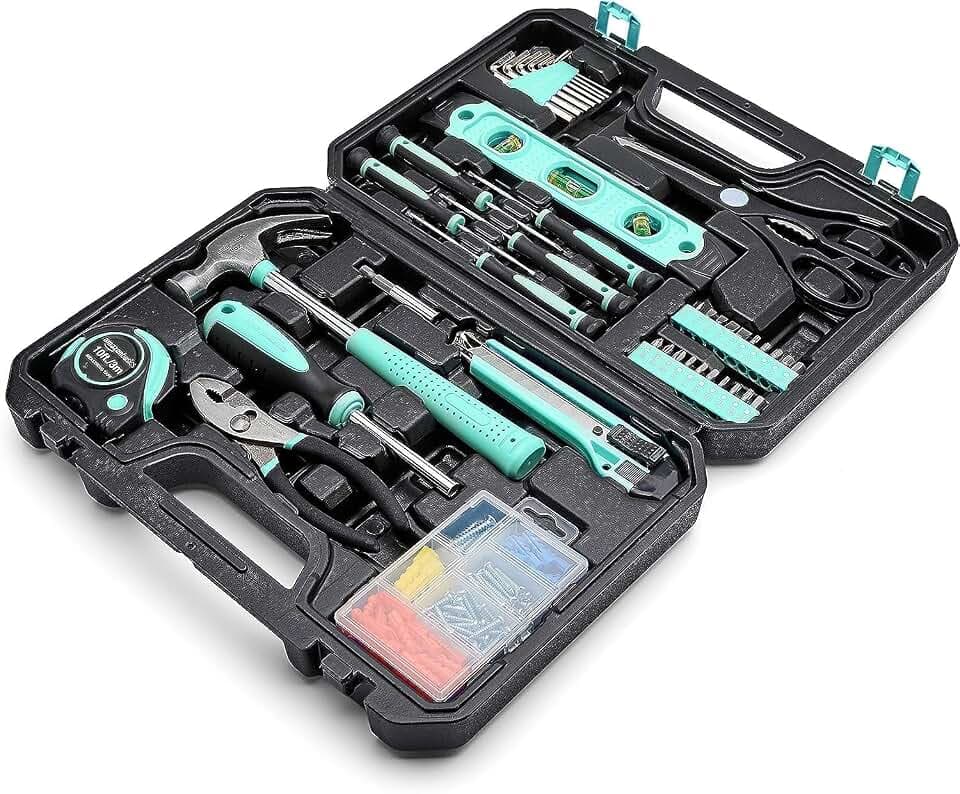 Amazon Basics 142-Teiliges Werkzeugkoffer, Werkzeugset für Haushaltsprojekte, Reparaturen und Heimwerkerarbeiten, Rutschfeste Griffe, 34,0cm x 23,5cm x 7,5cm, Türkis