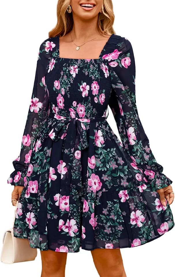 Simplee Womens Floral Long Sleeve Mini Dress Boho Square Neck Smocked A-Line Flowy Short Wedding Guest Dresses