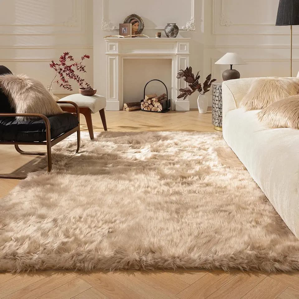 Ashler faux fur rug, Fluffy Shaggy Area Rug Ultra Soft 3 x 5 Feet Rectangle Fur Rug Beige Fuzzy Rug Machine Washable Shag Rug, Nursery Decor Throw Rugs for Bedroom, kids room, Living Room