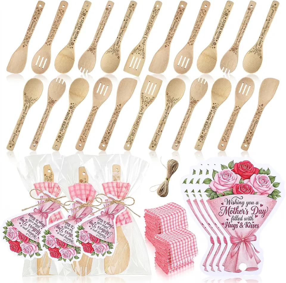 24 Set Mother's Day Kitchen Gifts, Bamboo Spatula Wooden Spoons Set with Waffle Towel and thank you Card, Mom Cooking Kitchen Utensils for Mother's Day Party Favors Holiday Gift Bundle