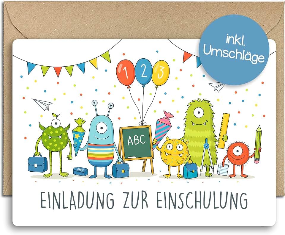 brint.® | 12x Einladungskarten Einschulung mit Umschlägen | Junge & Mädchen | Monster | Einladung zur Einschulungsfeier 1. Klasse | Schulanfang Schulbeginn Schulstart Schultüte Schuleinführung