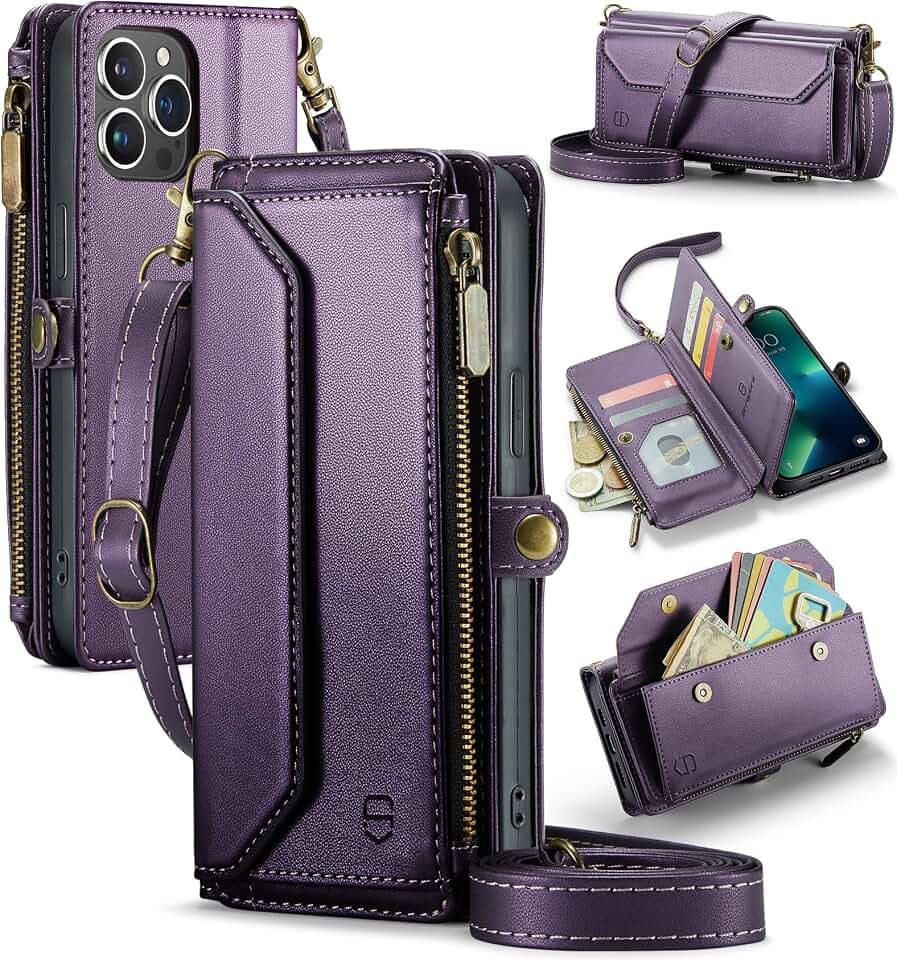 Strapurs for iPhone 13 Pro - Zipper Strap Wallet Case for Women, Purple