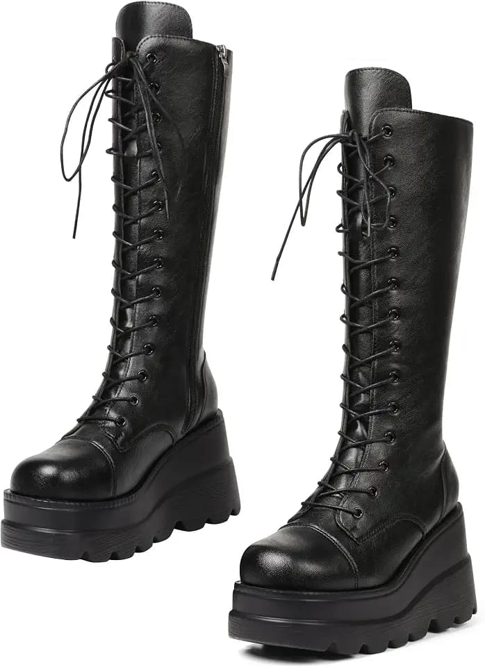 CELNEPHO Women High Platform Boots Chunky Heel Punk Combat Wedge Goth Boot
