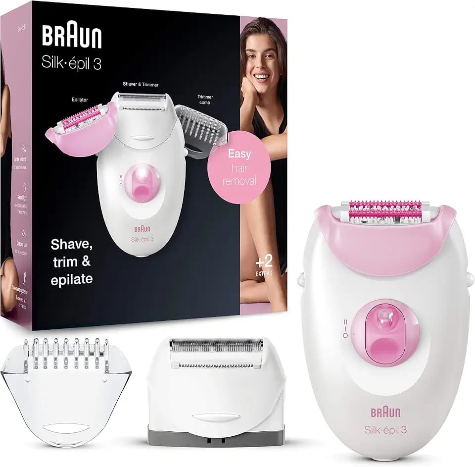 Braun Silk-épil 3 3-270, Epilator for Women for Long-Lasting Hair Removal, 20 Tweezer System, Smartlight Technology, Massage Rollers, Shaver and Trimmer Head Included