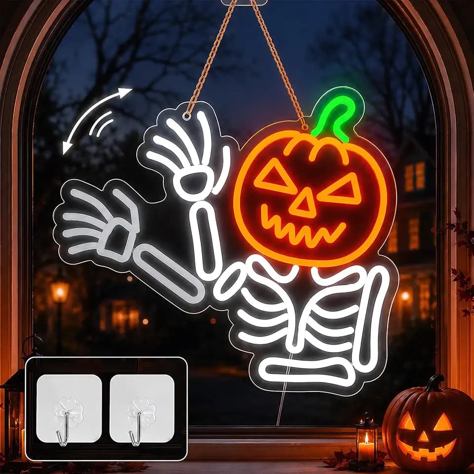 Waving Pumpkin Skeleton Neon Sign, Flashing Halloween Neon Sign, Dimmable Skull Led Light for Wall Decor, Halloween Decorations for Home, Party, Bar, Window