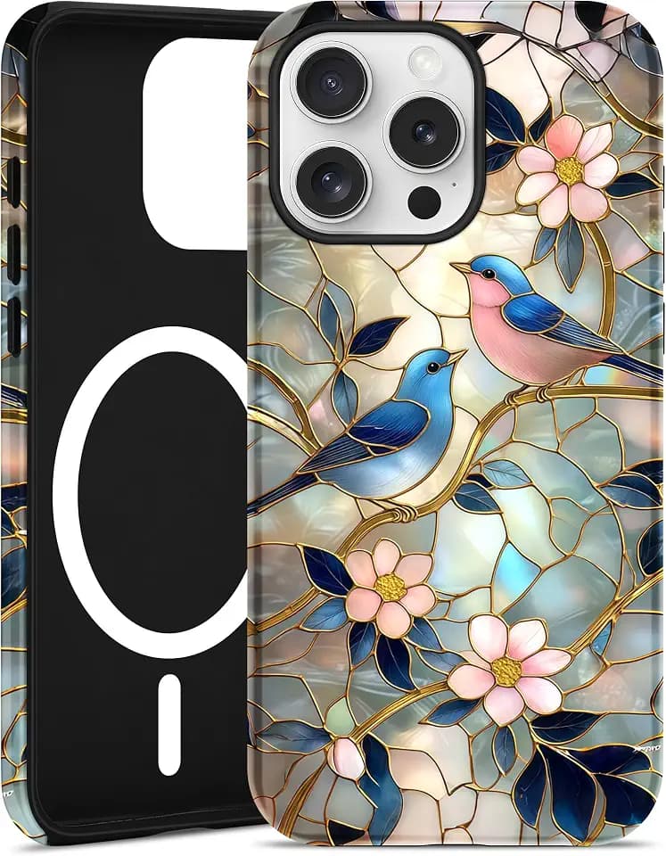 Magnetic Flower Phone Case for iPhone 14 Pro, Blue Bird