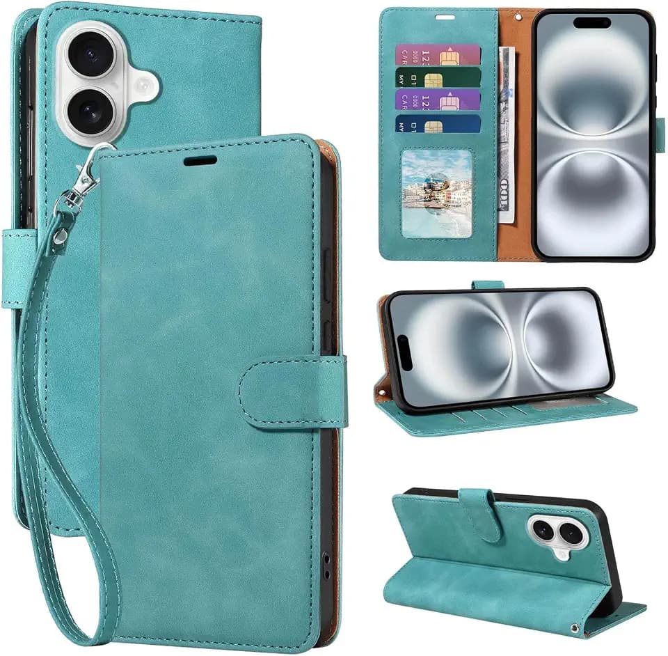 for iPhone 16 Wallet Case RFID Blocking 4 Card Slots, Green