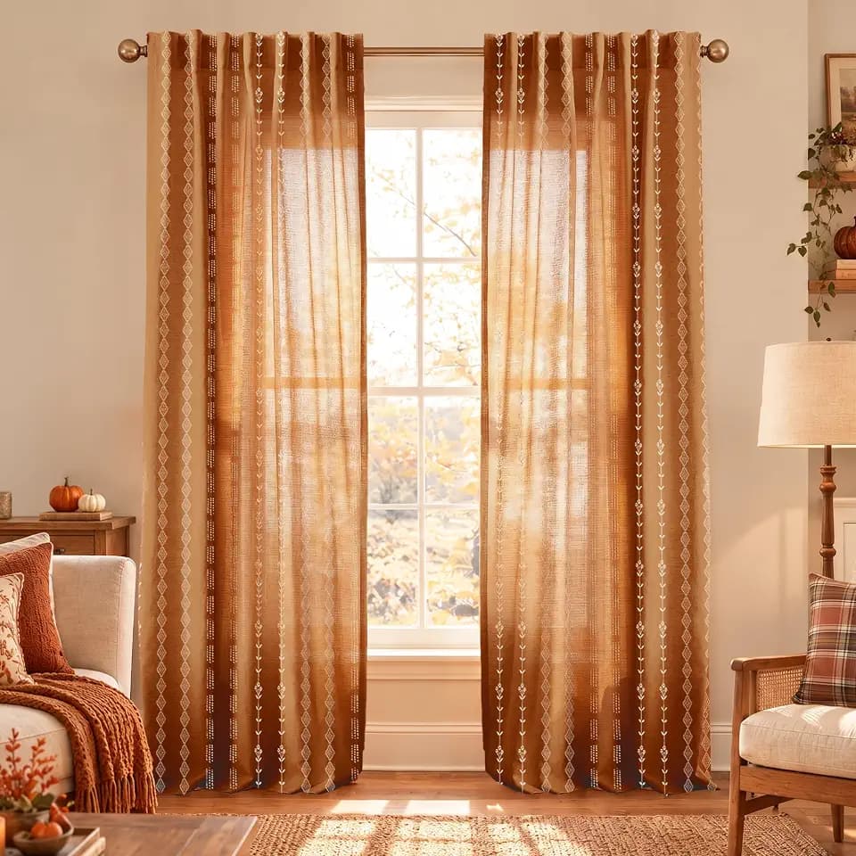 Burnt Orange Fall Curtains, for Living Room, Privacy Sheer Linen Boho Floral Bohemian Curtains for Dining Room Bedroom 2 Panels 84 Inches Long