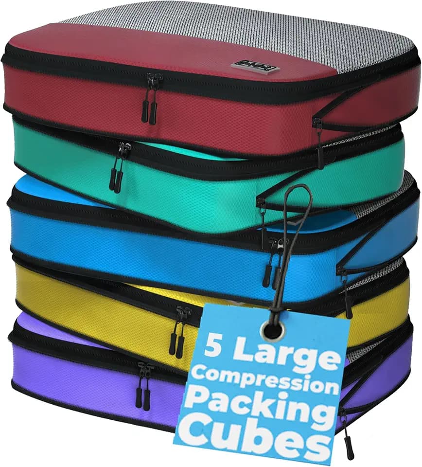 Dot&Dot Large Compression Packing Cubes 5pc Set - Suitcase Luggage Organizer Bags - Expandable Travel Essentials - Lightweight Fabric Organizers
