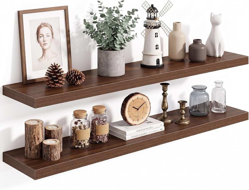 10 Inch Deep Floating Shelves for Wall, 48 Inch, Walnut, Set of 2