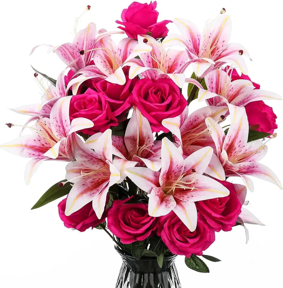 Hotop 20 Pcs Fake Lily and Rose Artificial Flowers Bouquent,Pink & Red