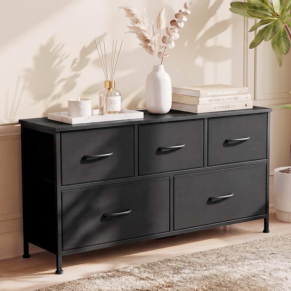 SONGMICS HOME 5 Drawer Dresser for Bedroom, Fabric Chest of Drawers, Closet Organizers and Clothing Storage Cabinet, Black