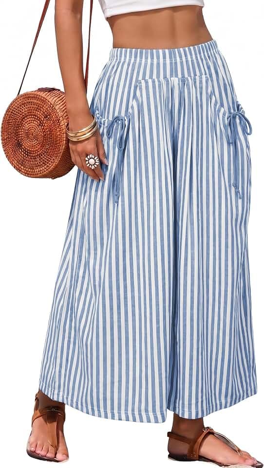 Athlisan Womens Striped Wide Leg Palazzo Pants Baggy Elastic Waist Lounge Trousers Beach Vacation Outfits
