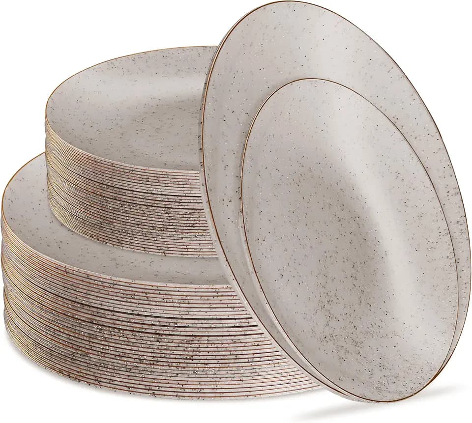 PLASTICPRO 64 Pack Elegant Disposable Plastic Plates Combo Set Includes 32 Dinner Plates and 32 Salad Plates Heavy Duty Fancy Party Plates Grey Granite Plates with Gold rim