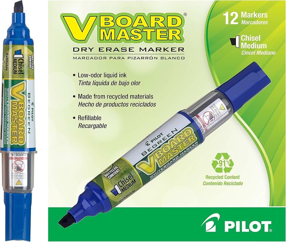 PILOT V Board Master BeGreen Refillable Dry-Erase Markers, Blue, 12-Pack