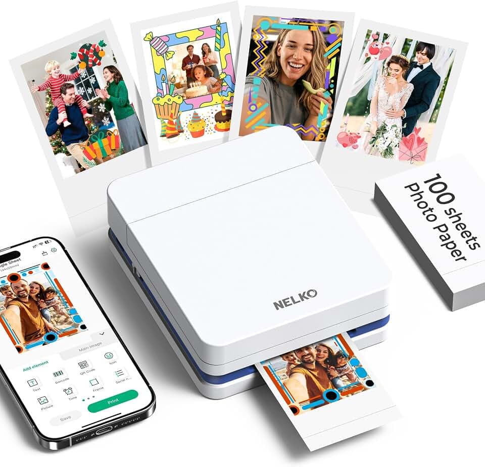 Nelko Fotodrucker für Smartphone, PP01 Mini Fotodrucker, 100 Blatt, Weiß
