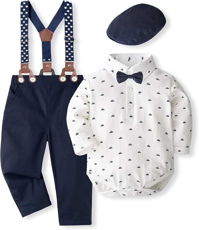 Volunboy Baby Jungen Anzug Set Bekleidung Hemd mit Fliege + Hosenträger Hosen Strampler Anzug