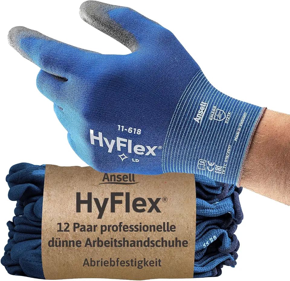 Ansell HyFlex 11-618 Mechaniker- Nylon Handschuhe, Abriebfeste Schutzhandschuhe mit PU-Beschichtung, Sicherheitshandschuhe für Präzisionsarbeiten, Touchscreen-Arbeitshandschuhe, 12 Paar, Gr. XL