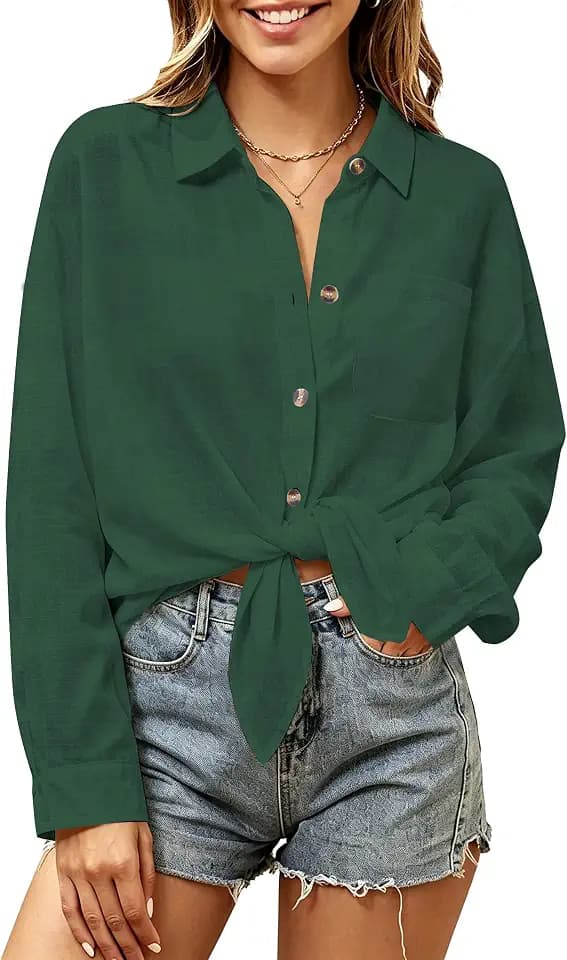 Women's Cotton Linen Button Down Shirts Long Sleeve Blouses Tops