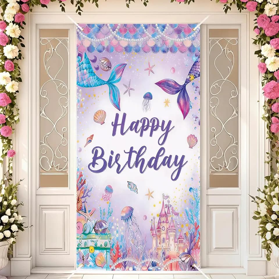 Mermaid Happy Birthday Party Door Cover Banner 35x71 inch