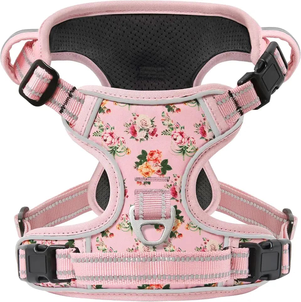 Timos Dog Harness Medium Sized, Quick Release 3 Buckles, Flower Pink, M