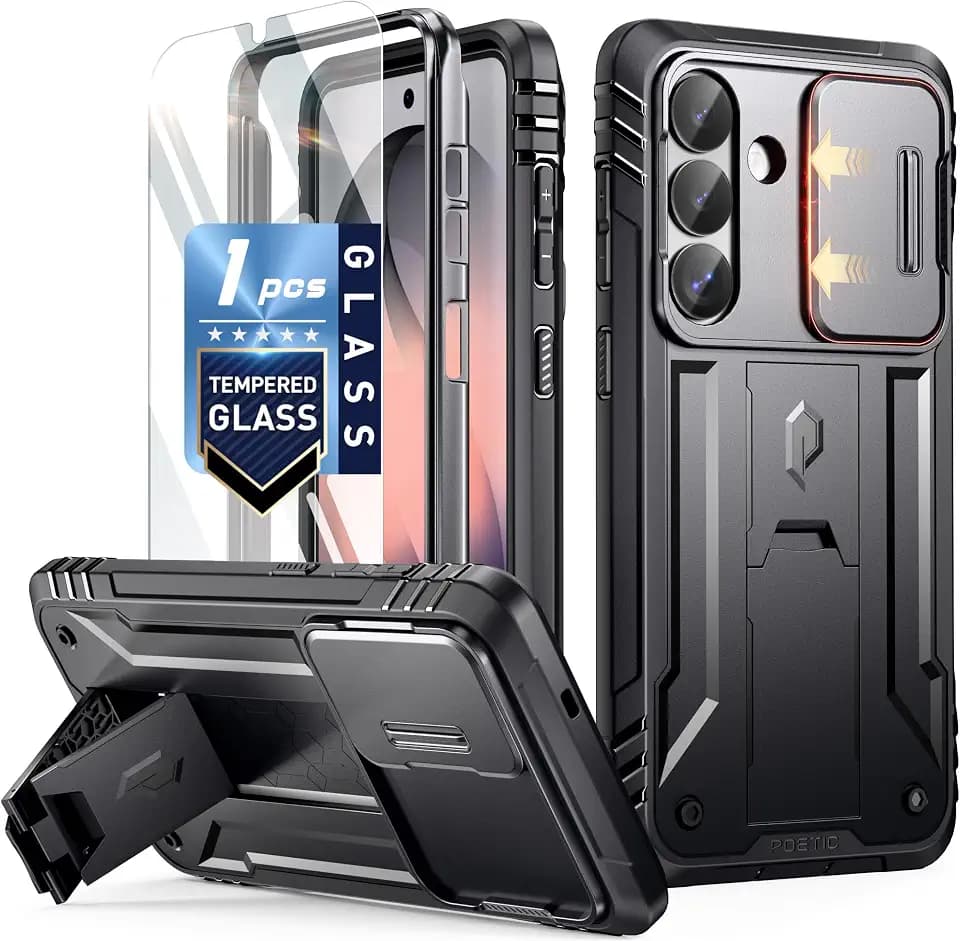 Poetic Revolution Case for Samsung Galaxy S26 Plus, [Slide Camera Cover], [20FT Mil-Grade Drop Tested], Full-Body Military Grade Rugged Dual-Layer Shockproof Cover with Kickstand, Black