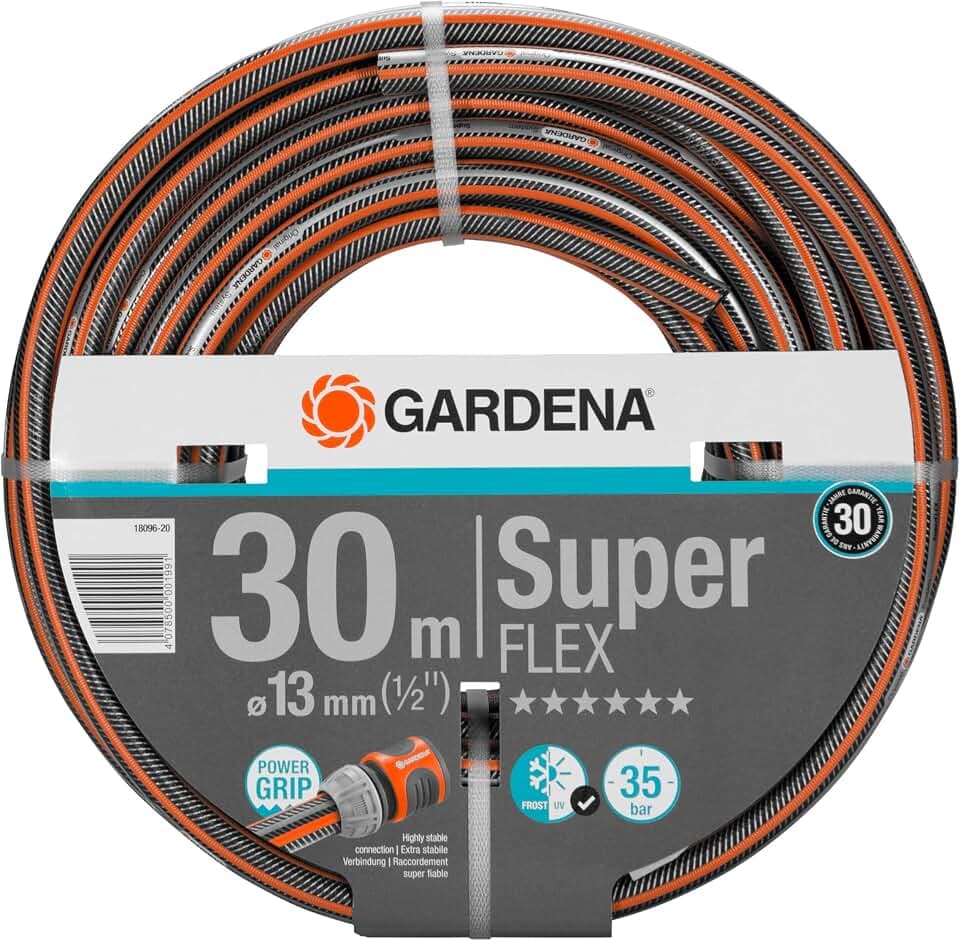 Gardena Premium SuperFLEX Schlauch 13 mm (1/2 Zoll), 30 m: Gartenschlauch mit Power-Grip-Profil, 35 bar Berstdruck, hochflexibel, formstabil, UV-beständig (18096-20) schwarz