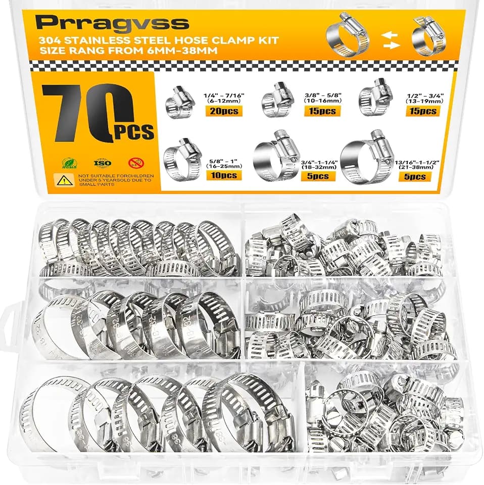 70PCS Hose Clamp Assortment Kit, 304 Stainless Worm Gear Clamps