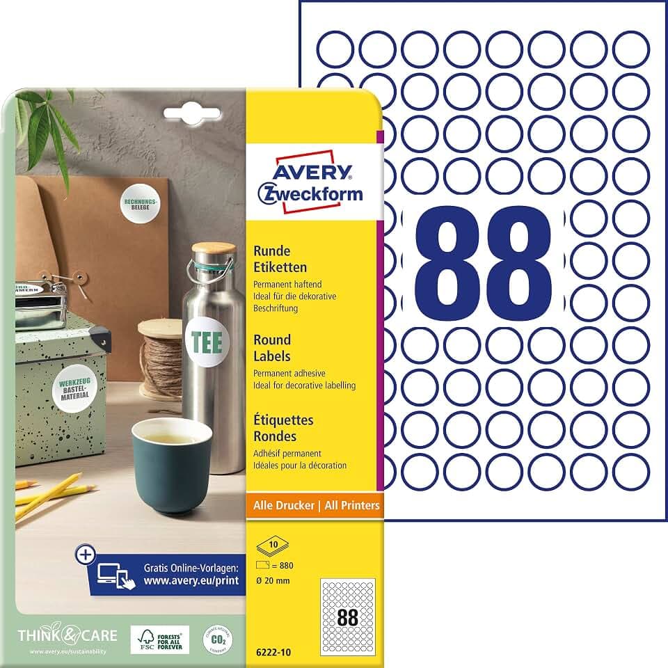 AVERY Zweckform 6222-10 Runde Etiketten (880 Klebepunkte, Ø20mm auf A4, runde Aufkleber zum Bedrucken, selbstklebende Produktetiketten, permanent haftende Marmeladenetiketten) 10 Blatt, weiß