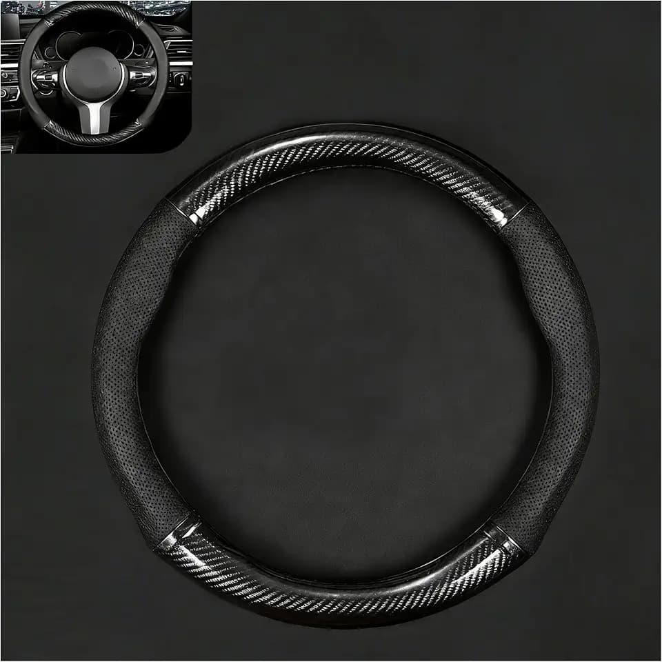 1 Pack Car Steering Wheel Cover Carbon Fiber, Leather Non-Slip Protector, Breathable All Season Universal Fit for Most Cars, Trucks, SUVs (Circular-Shape)