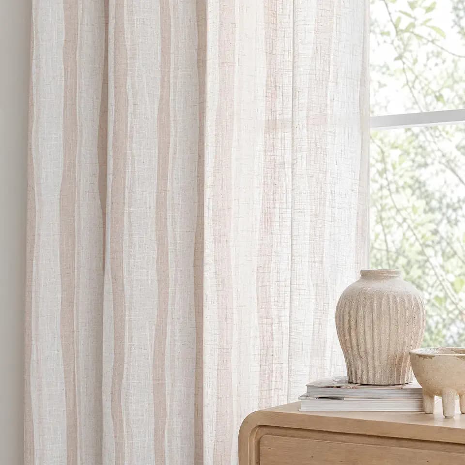 Vorhänge Hellkhaki Ösen Gardinen Halbtransparent Leinen Wellen mit Streifen-H240 x B140 cm für Vorhang Wohnzimmer Schlafzimmer Kinderzimmer Gardine Modern Ösenschal Leinenoptik Linen Curtains 2er set