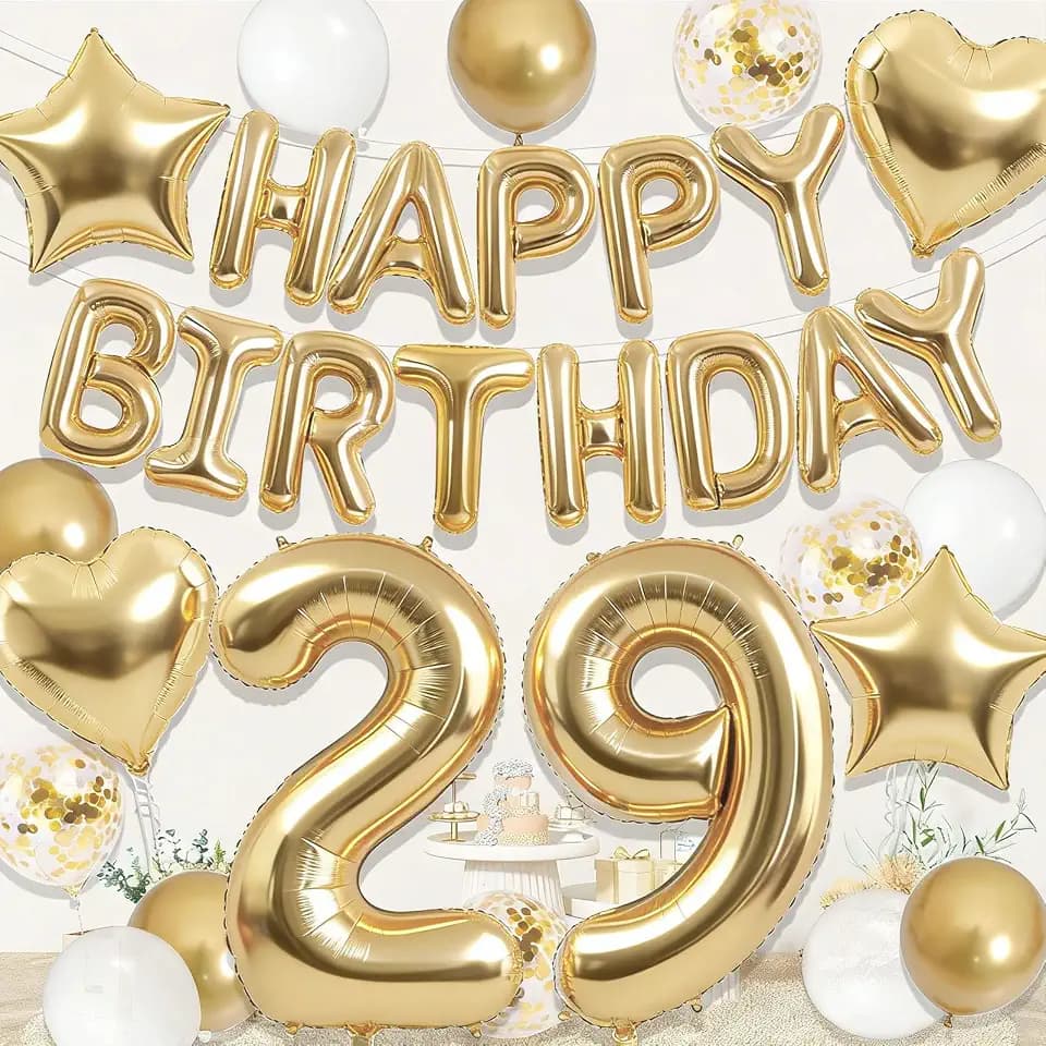 29th Birthday Decorations For Women Men, Light Gold 29 Balloon Numbers, Gold Happy Birthday Balloons, Star, Heart, White And Gold Balloons For Champagne Gold 29 Birthday Decorations