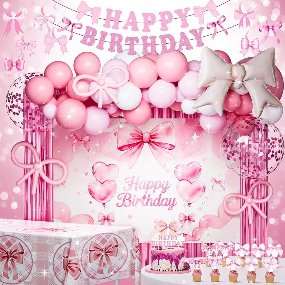 189pcs Pink Bow Coquette Birthday Decorations Sweet Aesthetic Party Set with Balloon Arch Kit, Banner Backdrop Foil Balloons TableCloth Fringe Curtain Hanging Swirls Cake Topper,Decor Supplies