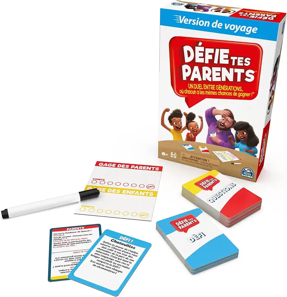 Herausforderung deine Eltern – Reise-Version, Gesellschaftsspiel, bei dem Eltern und Kinder gegeneinander antreten, benutzerfreundliches Spiel für die ganze Familie – lustige Fragen und