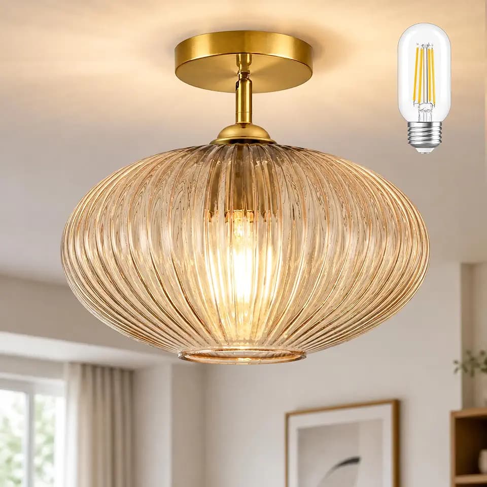 Bagood 10" Amber Glass Modern Ceiling Light Farmhouse Ceiling Light Flush Mount Light Fixtures with Amber Glass for Kitchen Island Close to Ceiling Lighting for Bedroom Hallway Bulb Incl.