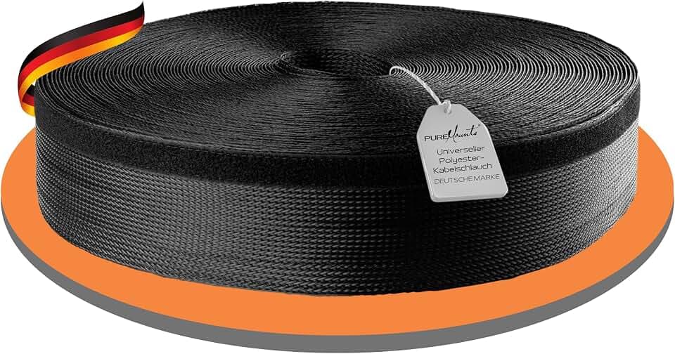 PureMounts PM-SOCKS-85B-50 Universeller Polyester-Kabelschlauch, selbst zusammenziehend mit Klettverschluss, Ø 85mm, Rolle 50m, schwarz