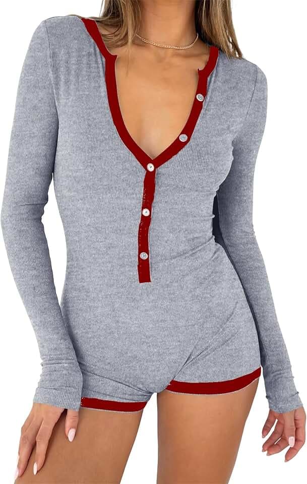 LACOZY Long Sleeve Rompers for Women V Neck Shorts Jumpsuit One Piece Bodysuit Y2k Pajamas Yoga Gym
