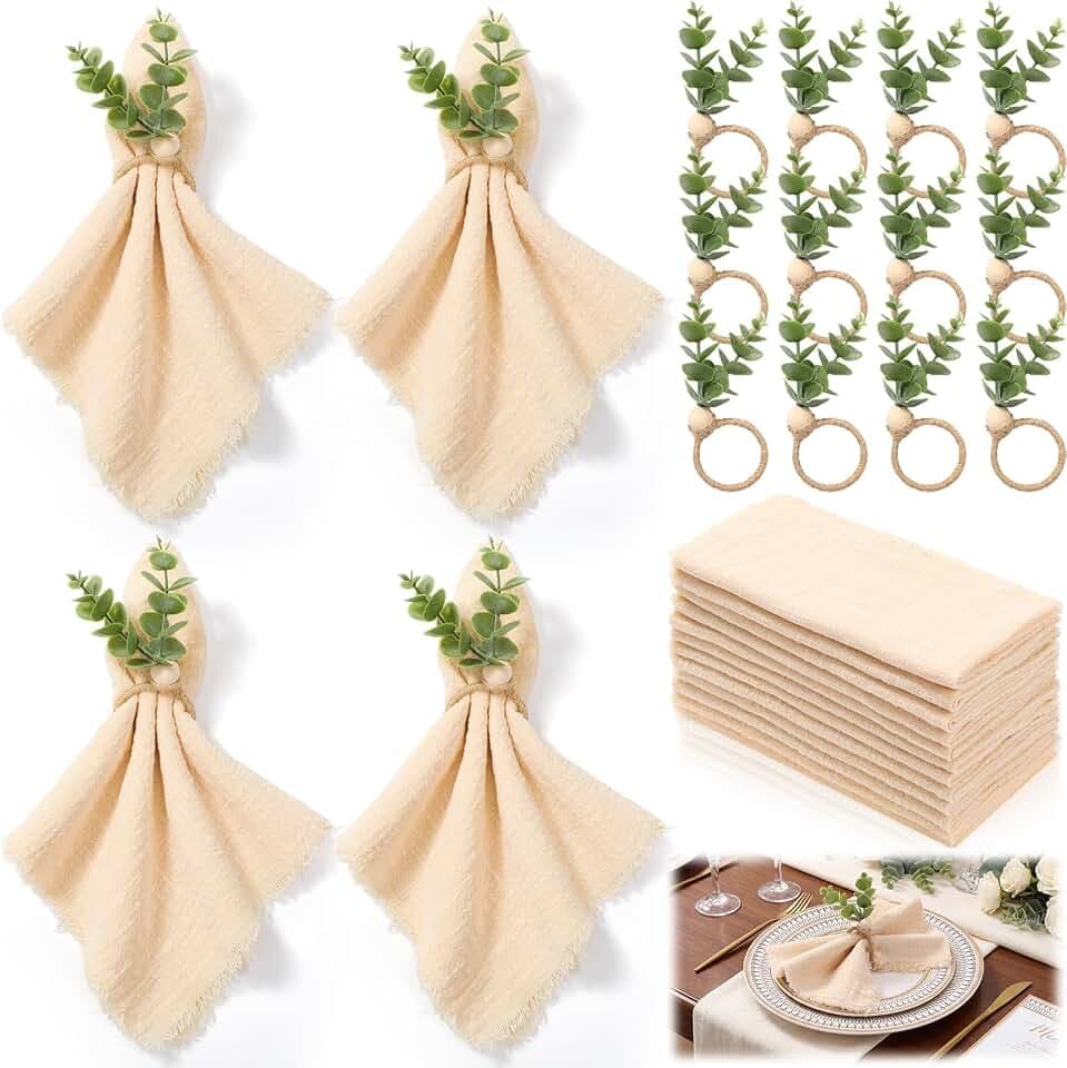 Sawysine 24 Pcs Beige Cloth Napkins with Rings 17x17 Cotton
