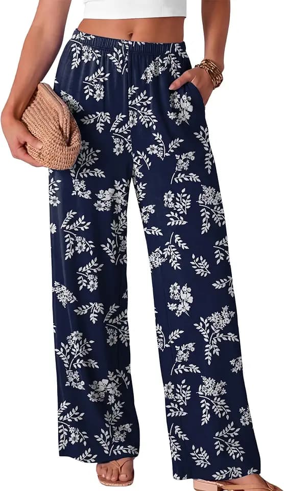 Wide Leg Pants for Women Flowy Palazzo Elastic Waist Trousers with Pockets Summer Spring Outfits