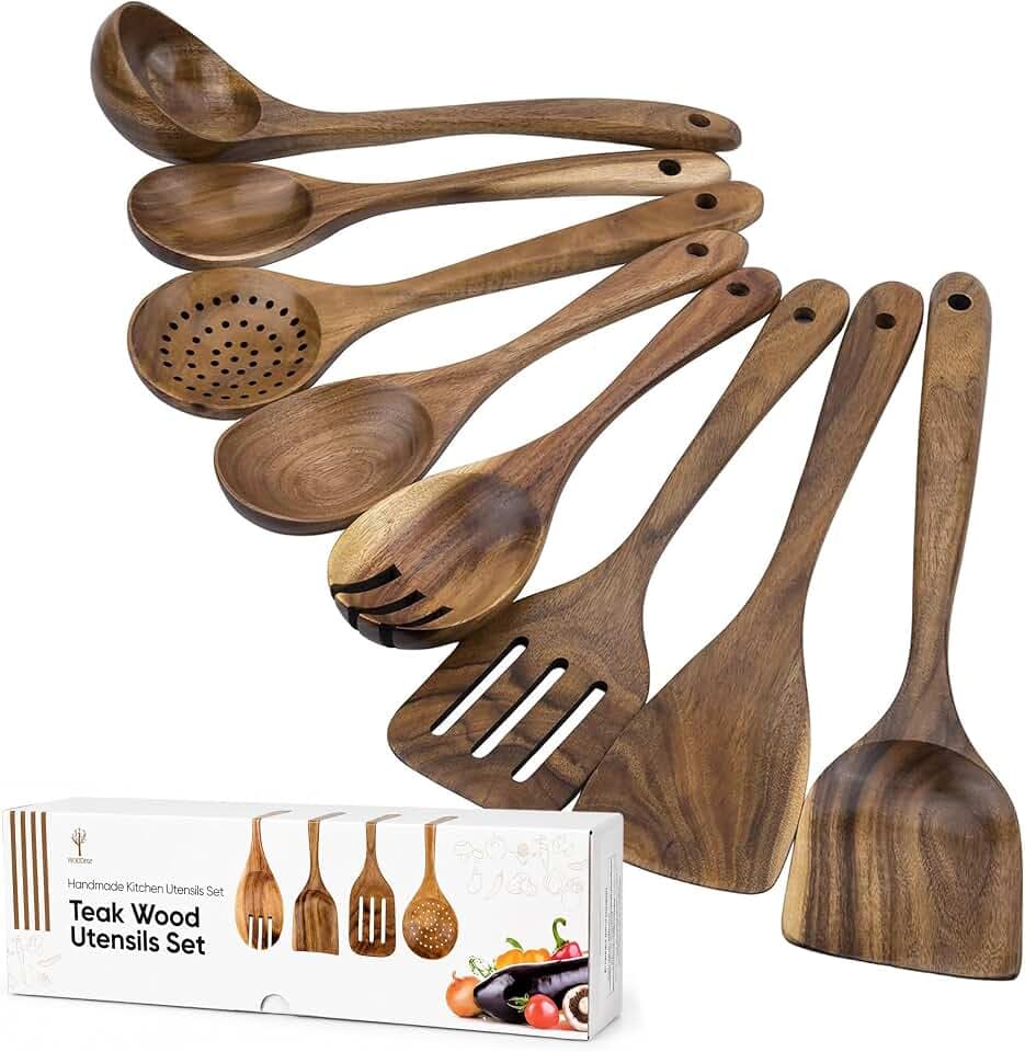 Premium 8-Piece Teak Wood Cooking Utensil Set - Heat Resistant, Lightweight & Sturdy Wooden Spoons for Non-Stick Cookware - Ideal for Cooking, Stirring & Serving