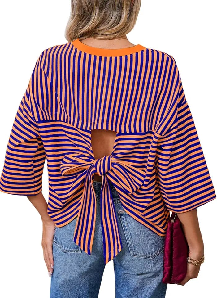 Dokotoo Womens Tops 2026 Striped Tie Back Short Sleeve T Shirts Crewneck Casual Loose Basic Tee Summer Outfits