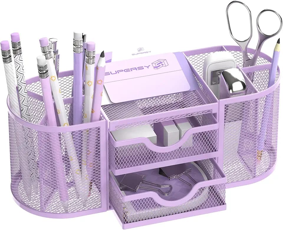 SUPEASY Mesh Desk Organizer, Pen Holder for Desk with 2 Drawers, Purple