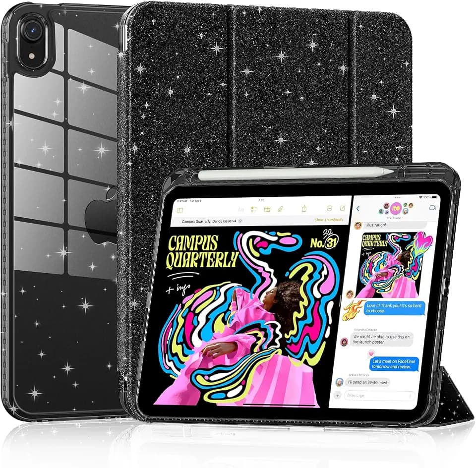 Case for iPad (A16) 11th Generation 11-inch 2025, iPad 10th Generation 10.9-inch 2022, Cute Glittering Sparkly Shockproof Cover with Sparkly Clear Back and Pencil Holder,﻿ (Glittering Black)