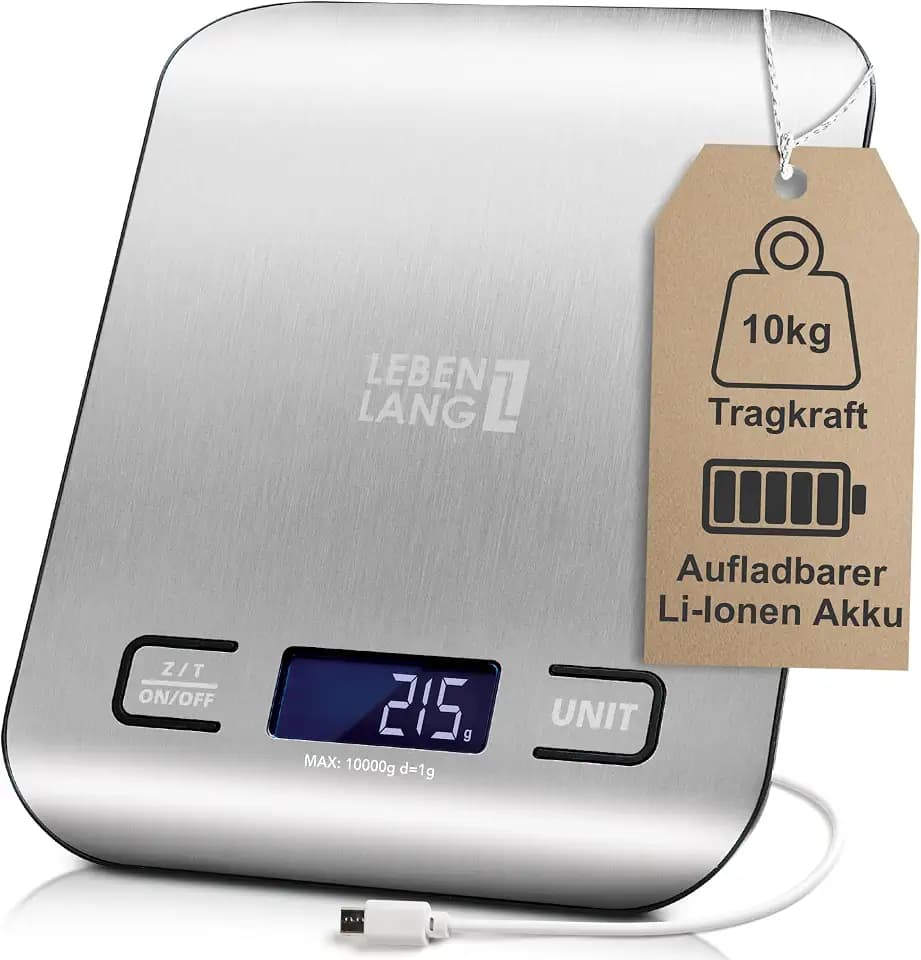 LEBENLANG Digitale Küchenwaage USB aufladbar - Bis 10Kg & inkl. Ladekabel