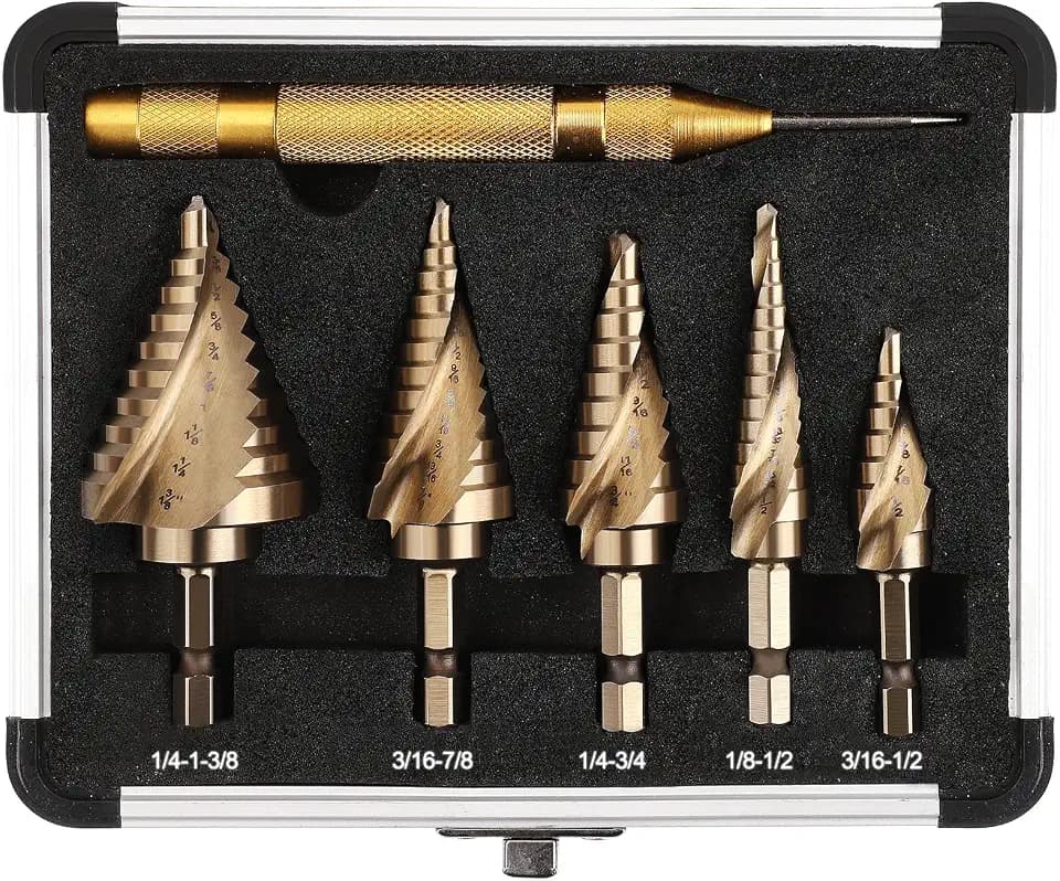COMOWARE 5PCS M35 Cobalt Step Drill Bit Set with 1/4" Hex Shank, Automatic Center Punch, Two Spiral Flute Impact Design, Ideal for Metal, Stainless Steel, Wood, Plastic