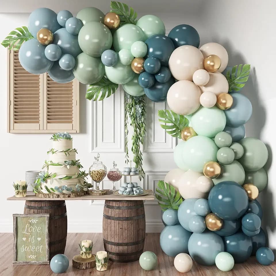 HILAVO Dusty Blue Sage Green Balloon Arch Kit Slate Fog Blue Pastel Green White Sand Beige Gold Balloons Garland for Jungle Safari Birthday Baby Shower Wedding Party Decorations