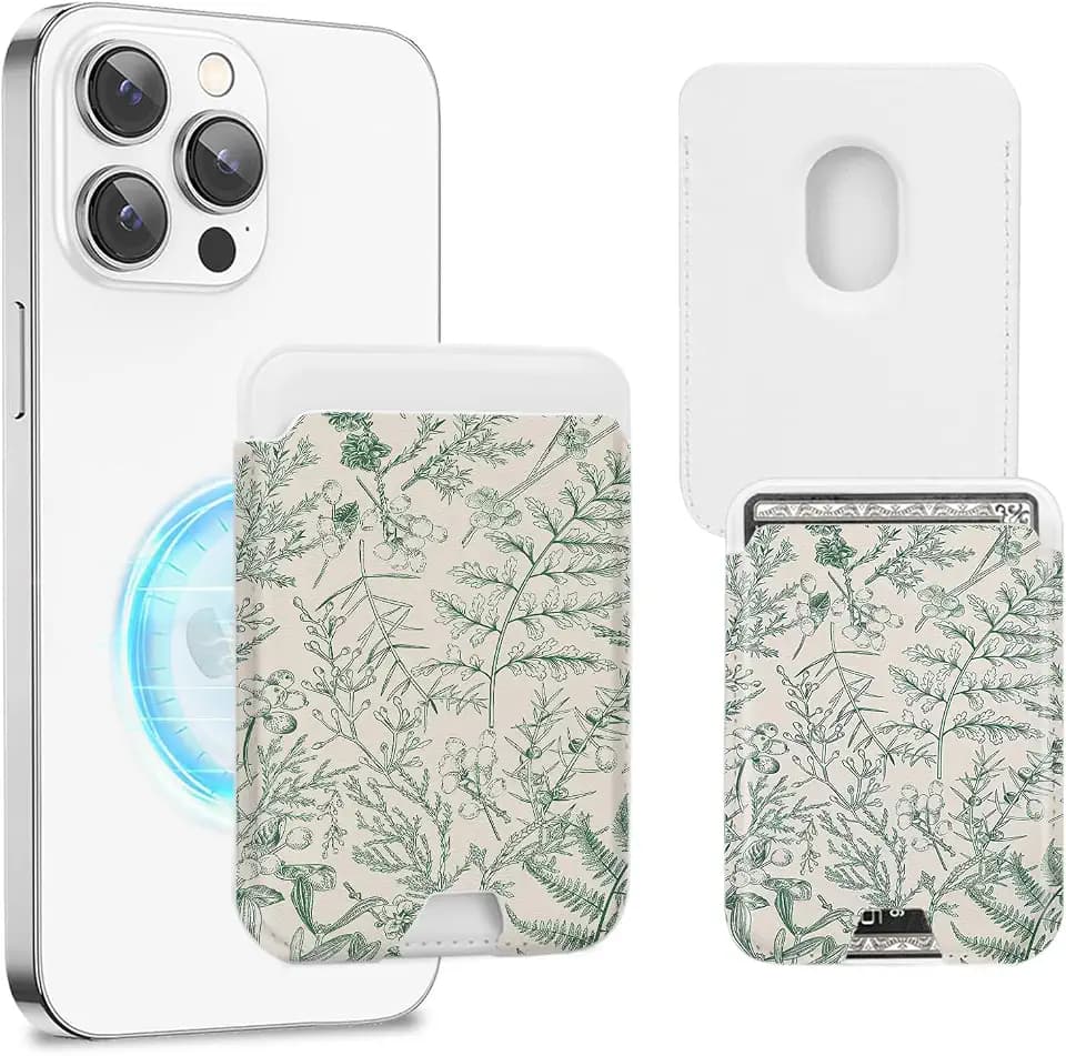 Compatible with Magsafe Cute Wallet Magnetic Card Holder,Green Floral