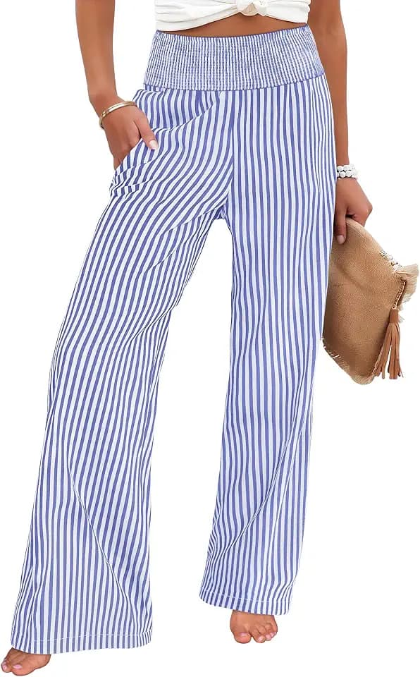 ANRABESS Womens Striped Gingham Wide Leg Palazzo Pants with Pockets